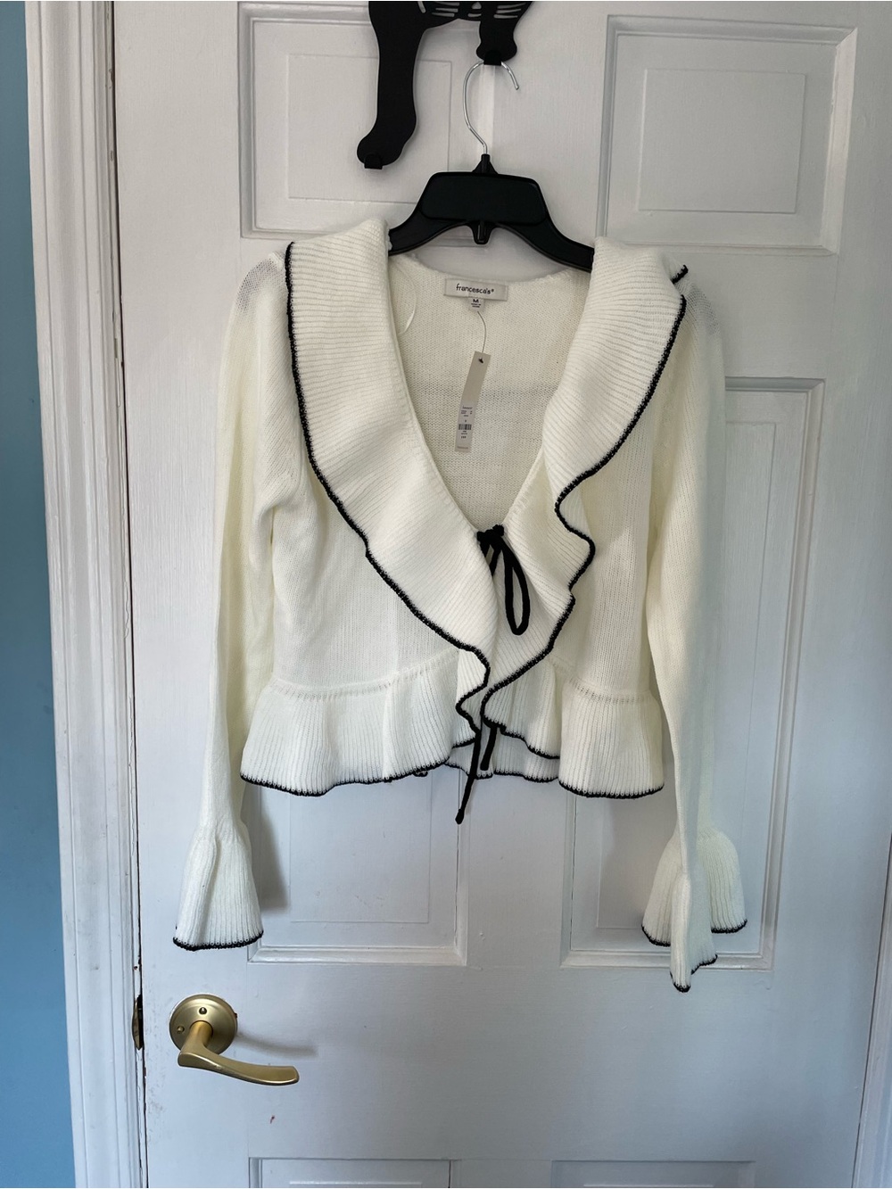 NWT Francesca's Collections White Ruffle V-Neck Cardigan sweater with Black Trim